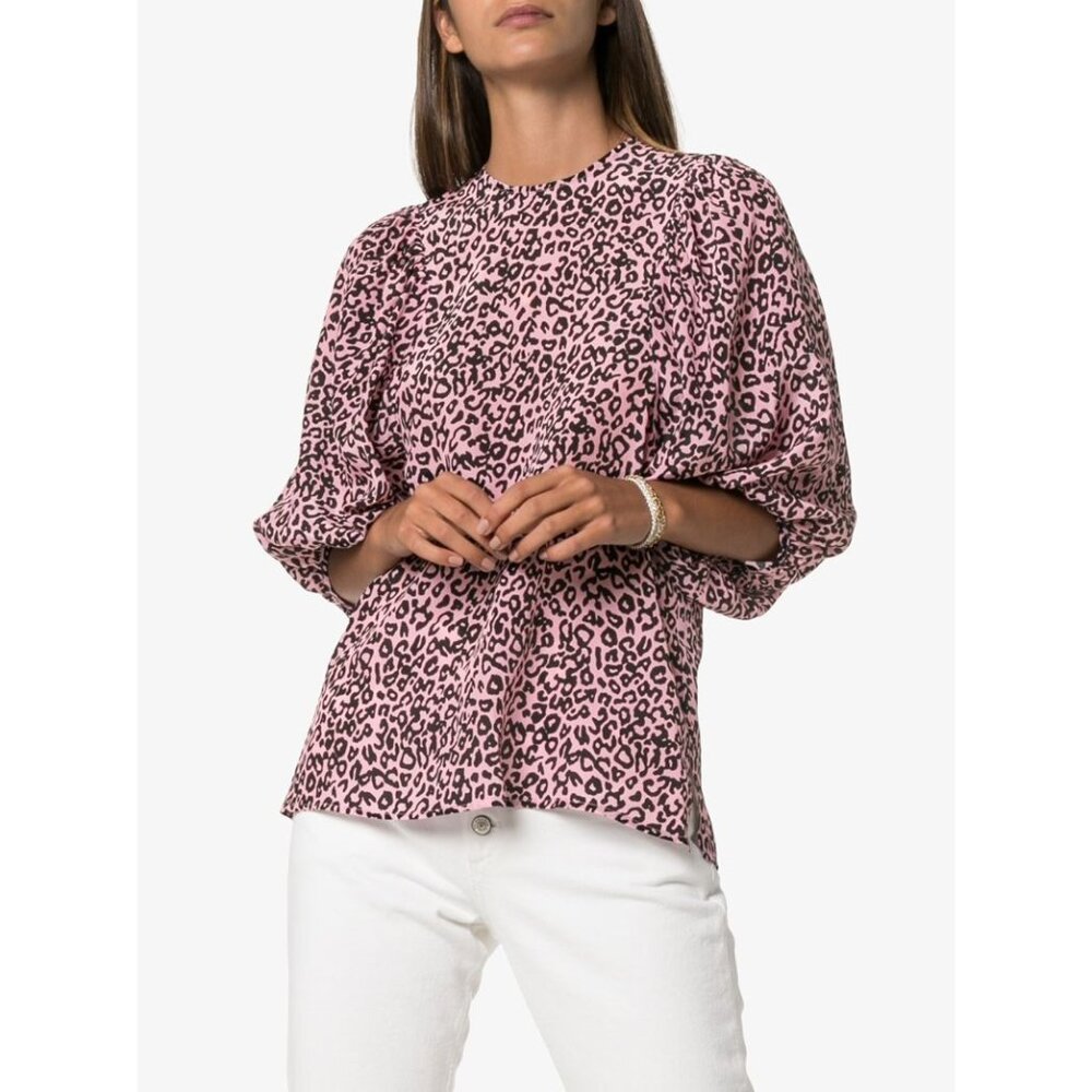 New Les Reveries Silk Balloon Sleeve Animal Leopard Print Blouse Pink Size 4 - Picture 16 of 16